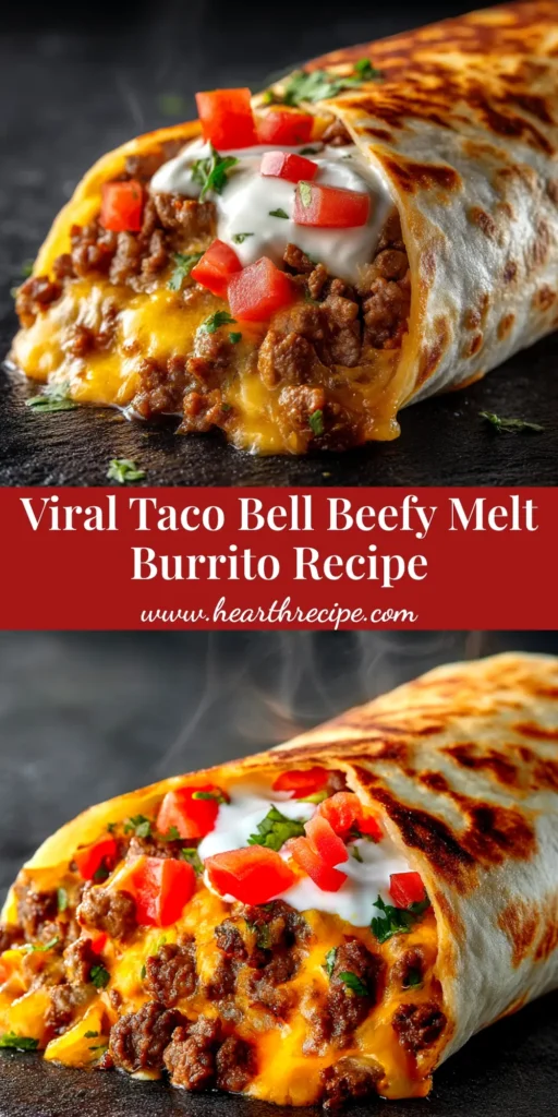 Taco Bell Beefy Melt Burrito (The Ultimate Copycat Recipe) 4 An overhead shot of a homemade Taco Bell Beefy Melt Burrito cut in half to show the layers of seasoned beef, rice, and melted cheese, with another whole burrito next to it.