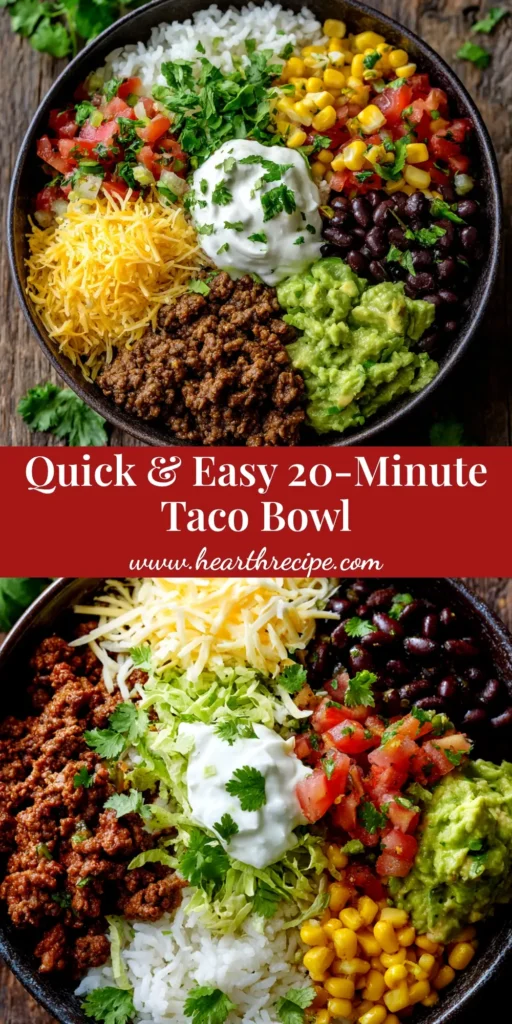 An overhead shot of a vibrant and delicious taco bowl recipe, perfect for a healthy weeknight dinner. The bowl is loaded with seasoned ground beef, fresh lettuce, tomatoes, cheese, and avocado.