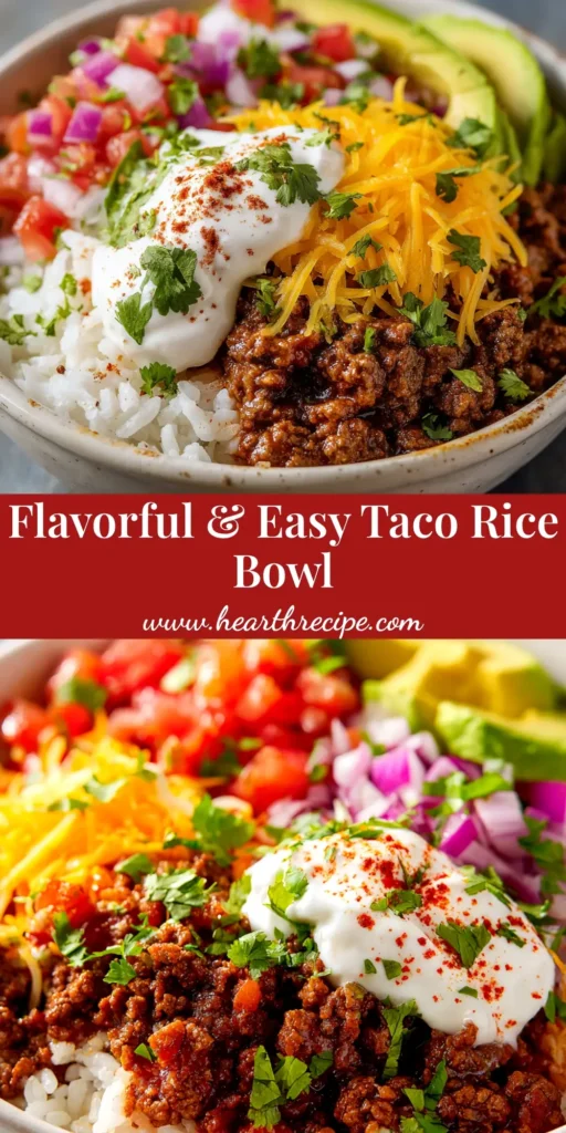 A vibrant and delicious taco rice bowl shown from above, loaded with seasoned ground beef, corn, black beans, tomatoes, and avocado on a bed of cilantro lime rice.