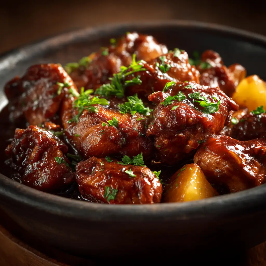 A perfectly cooked piece of Jamaican stew chicken being lifted from a bowl, highlighting its tender texture and glossy sauce.