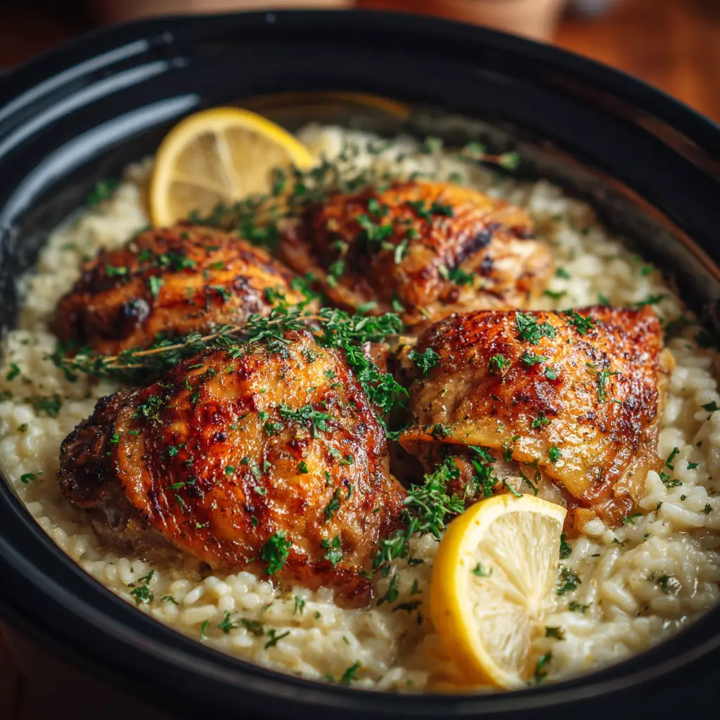 A close-up shot of the slow cooker lemon herb chicken being shredded with two forks, showcasing its tender, fall-off-the-bone texture.