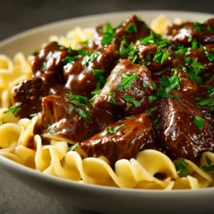 An extreme close-up of hearty Crockpot Beef Tips, showing the tender texture of the meat and the rich, thick gravy.
