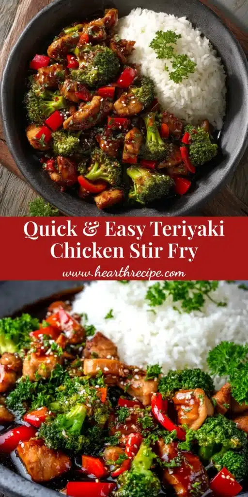 An overhead shot of a delicious Teriyaki Chicken Stir Fry in a white bowl, garnished with sesame seeds. The perfect easy weeknight dinner recipe.