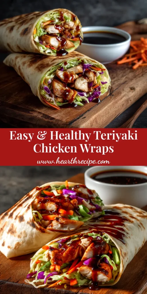A delicious Teriyaki Chicken Wrap Recipe, sliced in half to show the colorful fillings of chicken, lettuce, and carrots, ready to be pinned.