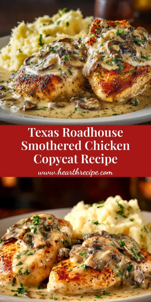 A delicious platter of Texas Roadhouse Smothered Chicken, with juicy grilled chicken breasts covered in sautéed mushrooms, onions, and melted jack cheese.