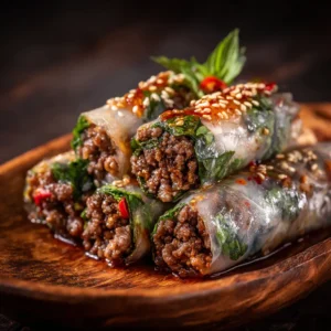 An extreme close-up shot of the savory Thai basil beef filling in a skillet. The focus is on the texture of the ground beef and the vibrant green of the fresh basil leaves.