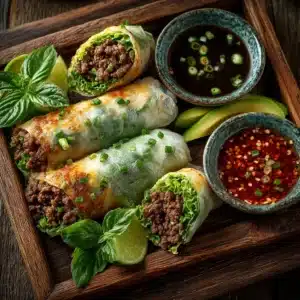 A close-up overhead shot showing the colorful ingredients for Thai basil beef spring rolls laid out, including beef, herbs, and vegetables.