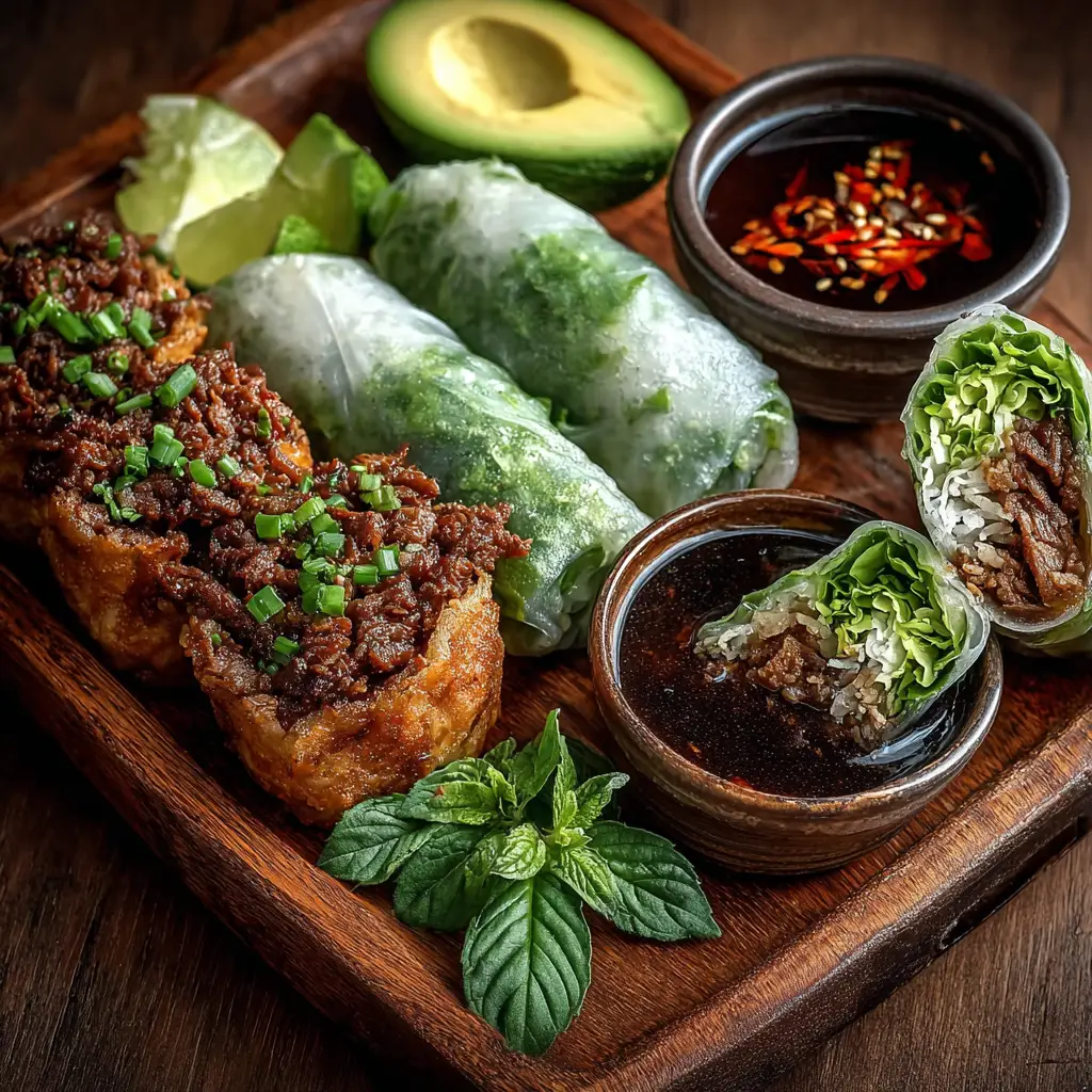 A perfectly rolled Thai basil beef roll cut in half to show the beautiful cross-section of the savory beef, noodles, and fresh vegetable filling.