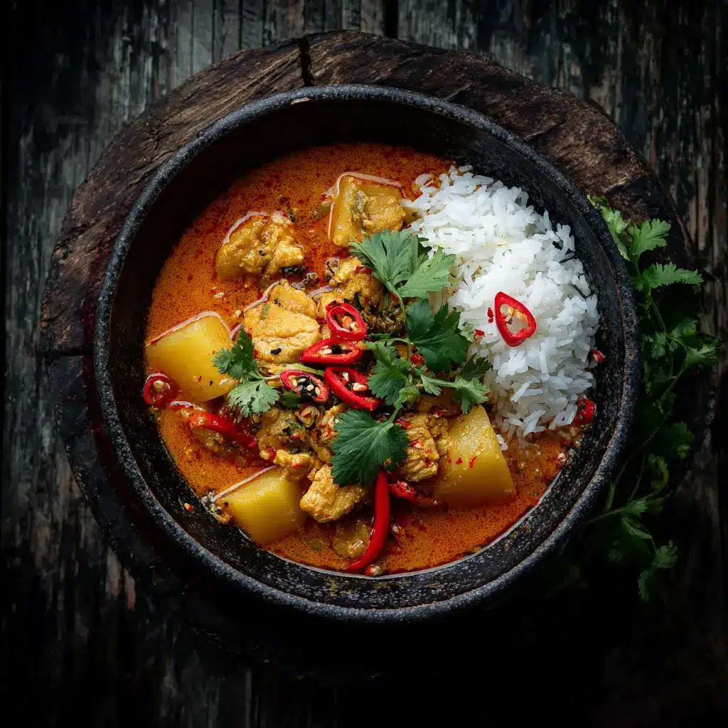 An overhead view of a rustic ceramic bowl filled with homemade Thai chicken Massaman curry, ready to be served with jasmine rice.