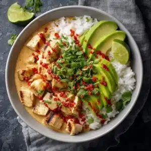 A high-angle view of a healthy Thai coconut chicken bowl with jasmine rice and fresh garnishes. The bowl is set on a neutral background, highlighting the vibrant colors.