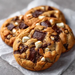 Three thick and chewy chocolate chip cookies stacked on a piece of parchment paper, showcasing their golden-brown edges and soft centers.