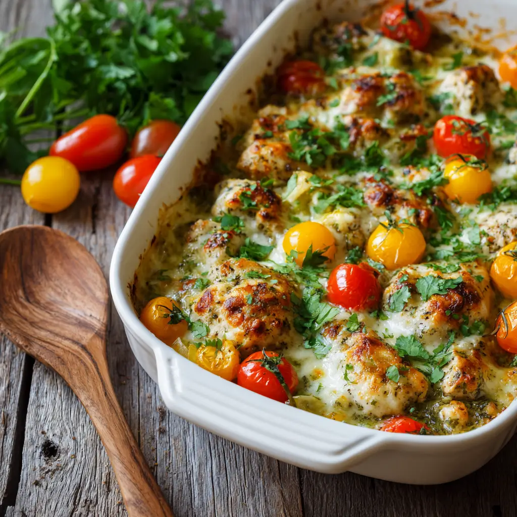A serving of the tomatillo chicken casserole on a plate, garnished with fresh cilantro and a lime wedge.