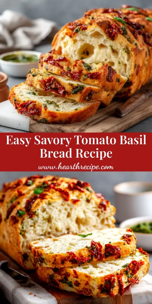 A beautiful golden-brown loaf of homemade tomato basil bread on a wooden board. This easy tomato basil bread recipe is perfect for beginners and creates a delicious, savory loaf every time.