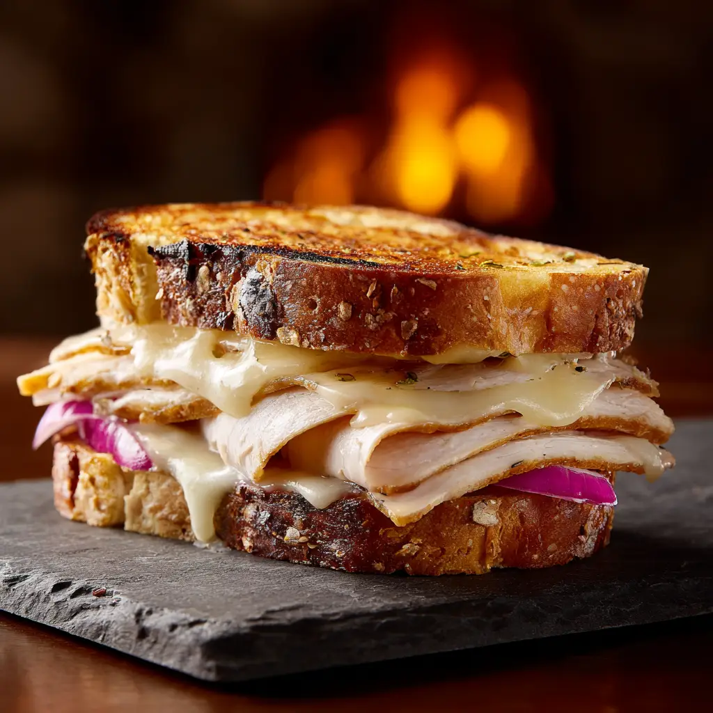 The ingredients for the turkey dijon melt, including sourdough bread, deli turkey, provolone cheese, and the creamy dijon spread in a bowl.