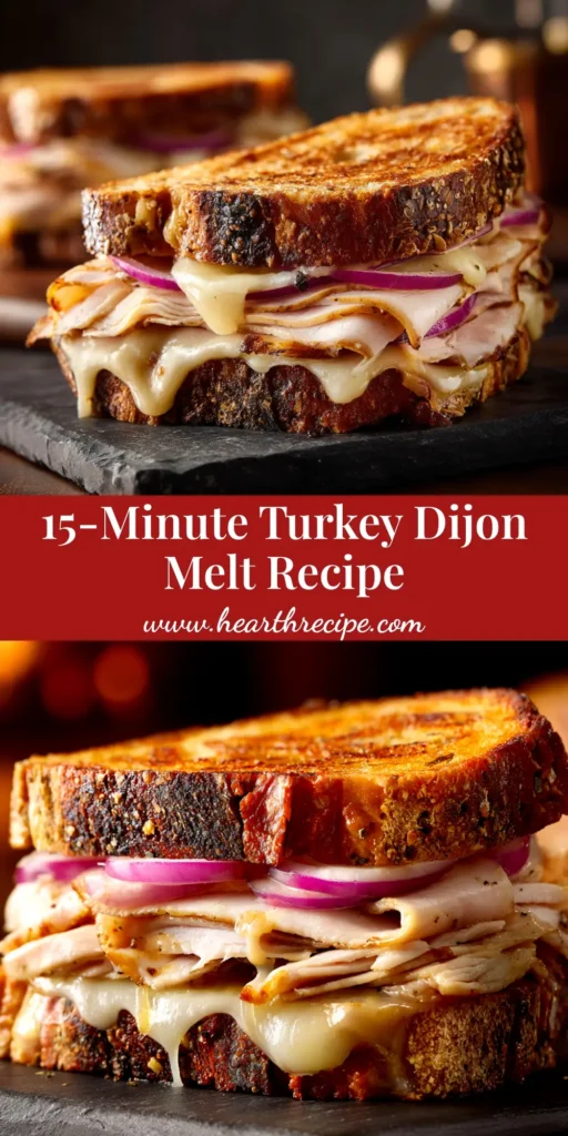 An overhead shot of a delicious Turkey Dijon Melt cut in half, showcasing the melted cheese and layers of turkey on grilled sourdough bread.