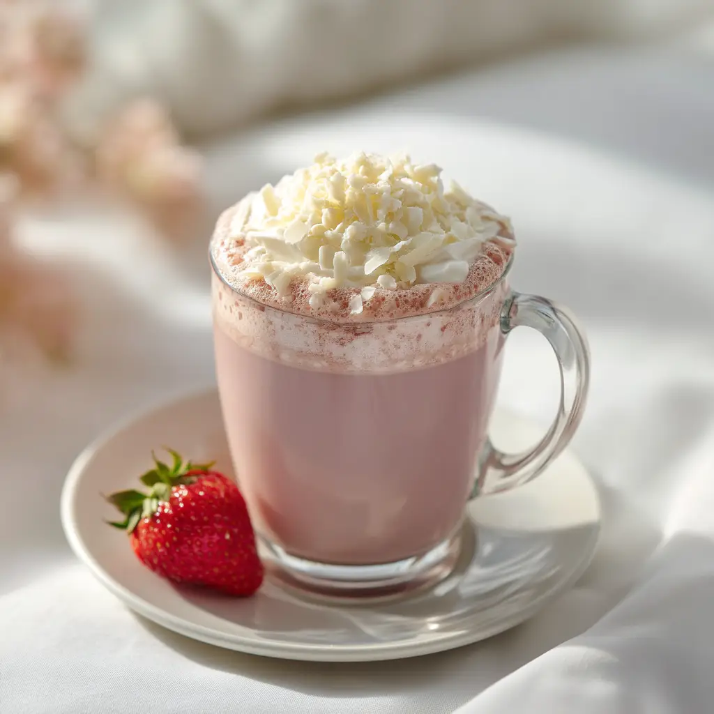 Two mugs of delicious homemade strawberry hot chocolate, ready to be served and enjoyed.