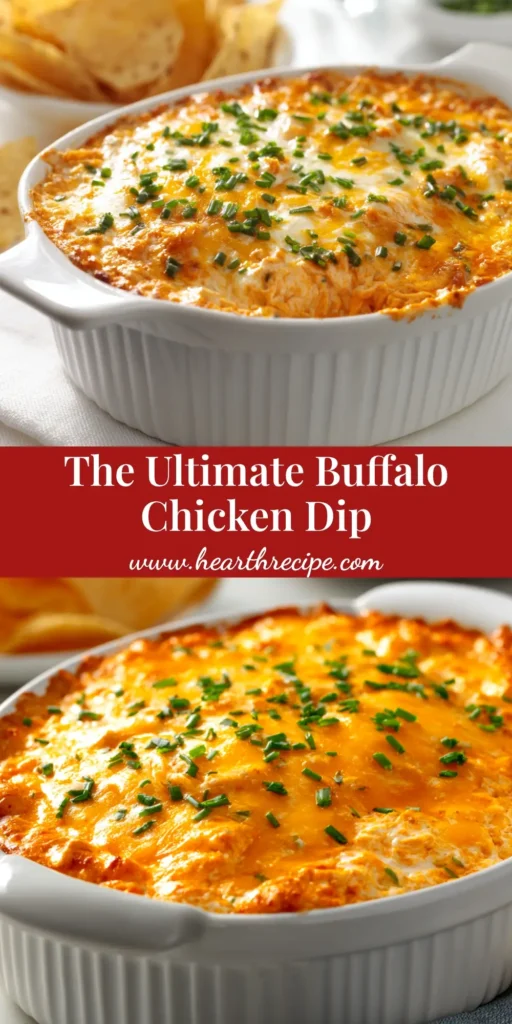 An overhead shot of creamy, cheesy Buffalo Chicken Dip in a baking dish, garnished with green onions. Perfect for game day!