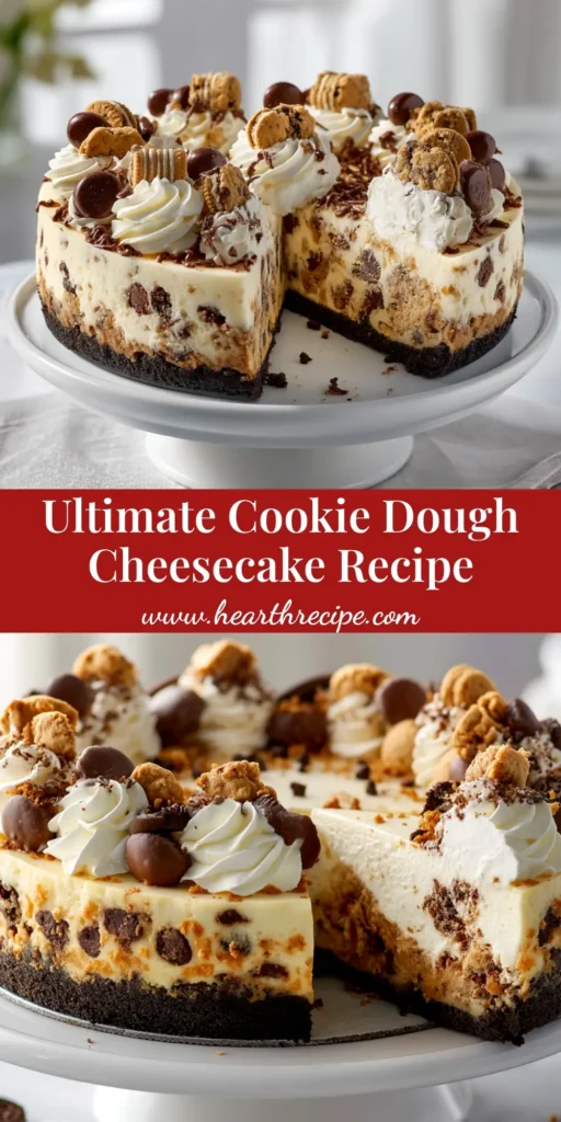 A decadent Cookie Dough Cheesecake with chunks of edible cookie dough. This pin shows the best foolproof recipe for a creamy, crack-free cheesecake that's perfect for any occasion.