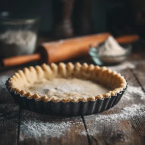 An unbaked homemade pie crust neatly crimped in a pie dish, ready to be chilled. The dough shows flecks of cold butter.