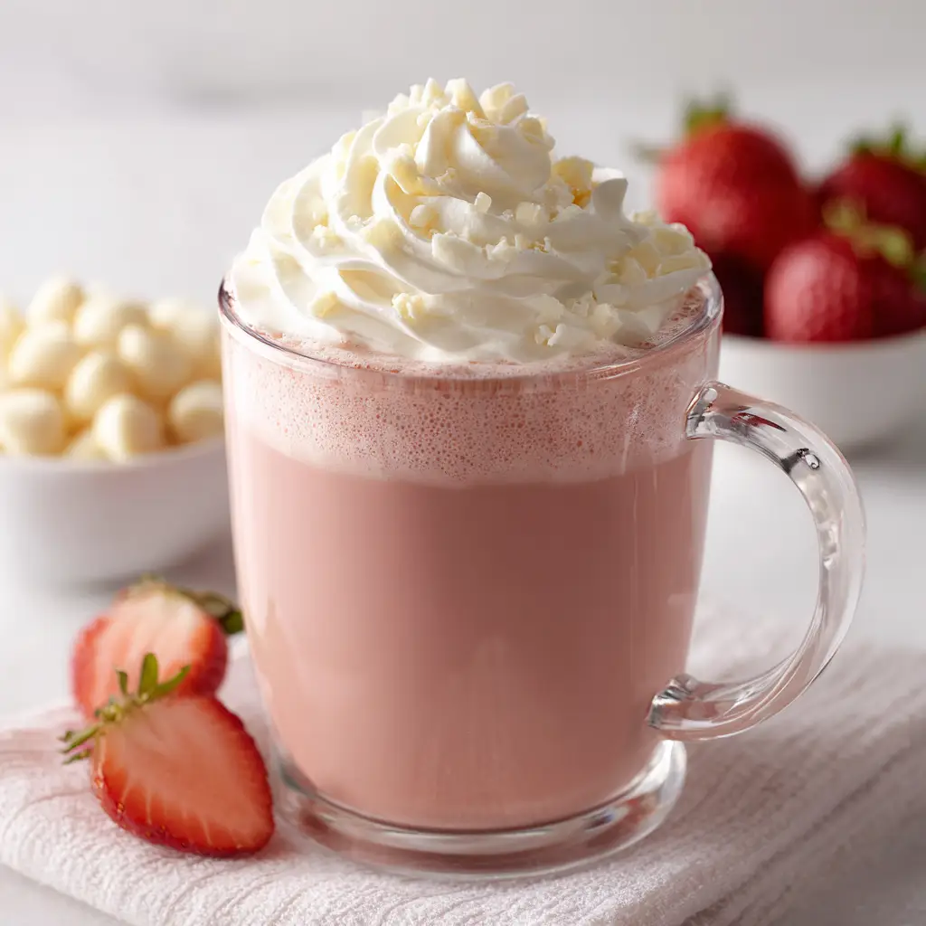 A decorative mug filled with strawberry hot chocolate, ready to be served for a special occasion like Valentine's Day.