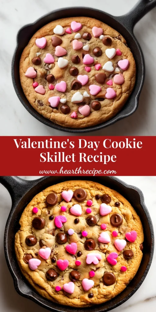 An easy Valentine's Skillet Cookie for two, baked in a cast-iron skillet and topped with vanilla ice cream and heart sprinkles.