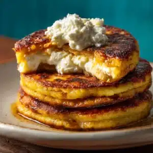 A close-up shot of a stack of three thick, golden-brown Venezuelan sweet corn pancakes, also known as cachapas.