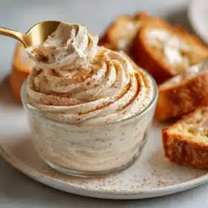 An overhead close-up shot of creamy, fluffy whipped cinnamon honey butter in a small white bowl, ready to be served.