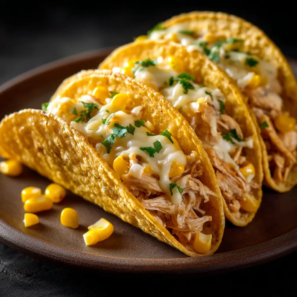 A row of three white chicken chili tacos lined up, showing the delicious and hearty filling ready for toppings.