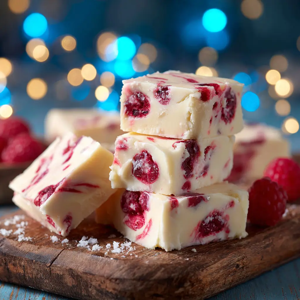 A stack of white chocolate raspberry fudge squares, showing the beautiful contrast between the layers.