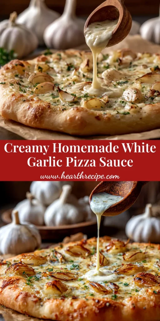 A jar of creamy white garlic pizza sauce with a wooden spoon, surrounded by fresh garlic and herbs. The perfect homemade sauce for your next pizza night.