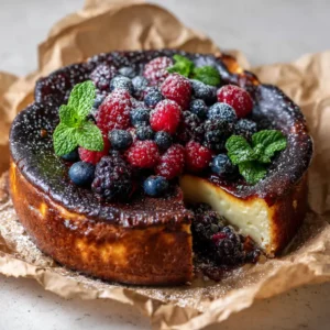 A whole Citrus Berry Burnt Cheesecake, with its signature dark caramelized top, ready to be sliced and served.