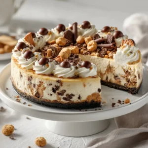 A whole, freshly baked cookie dough cheesecake on a serving platter, ready to be sliced. The top is dotted with delicious chunks of edible chocolate chip cookie dough.