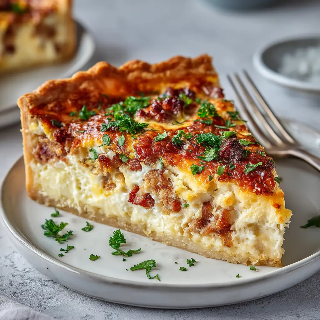 The whole baked meat lovers quiche fresh from the oven, golden brown and resting in its pie dish.