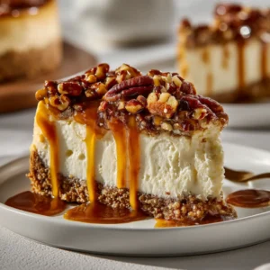 A whole pecan pie cheesecake on a cake stand, decorated with extra pecans. The caramel pecan cheesecake topping is glossy and perfectly covers the top.