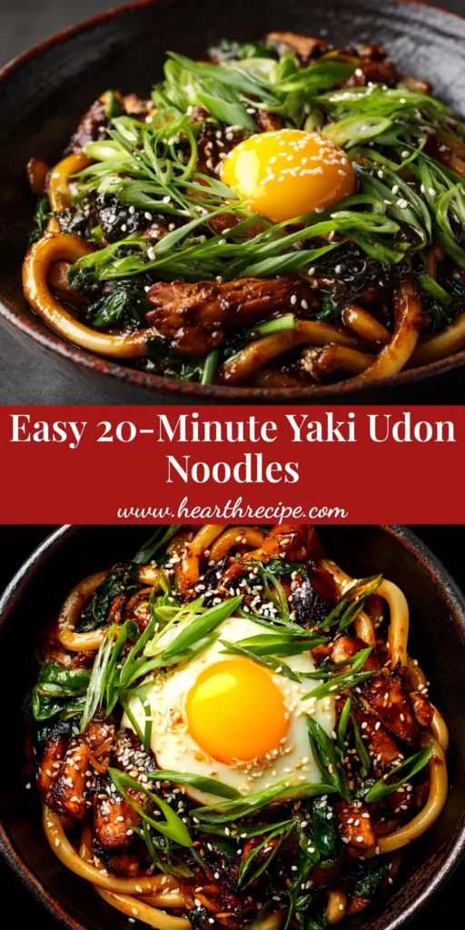 An overhead shot of a bowl of delicious Yaki Udon, with thick noodles, chicken, and vegetables. The title 'Easy Yaki Udon Recipe' is written over the image.