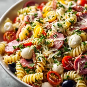 A close-up shot of the Italian pasta salad, highlighting the texture of the rotini pasta, fresh tomatoes, and mozzarella pearls coated in dressing.