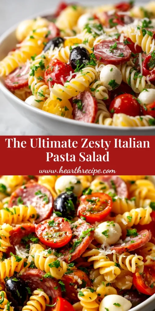 A large bowl of Zesty Italian Pasta Salad, brimming with colorful vegetables, salami, and mozzarella pearls, with a bottle of homemade dressing nearby.