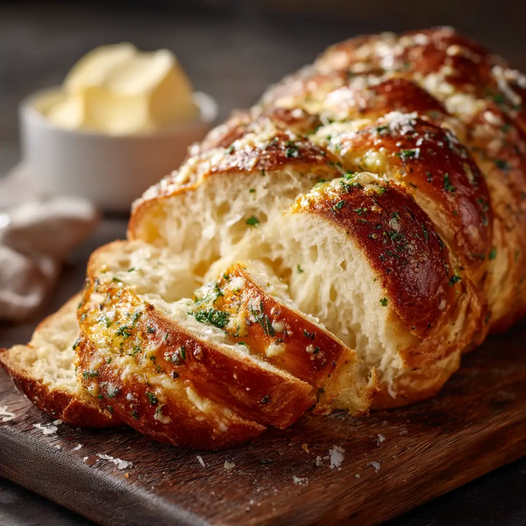 A perfectly baked loaf of artisan Garlic Parmesan Herb Bread resting on a cooling rack in a rustic kitchen setting.
