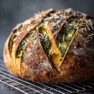 A golden-brown, freshly baked artisan loaf of Pesto Parmesan Sourdough sitting on a piece of parchment paper, ready to be sliced.