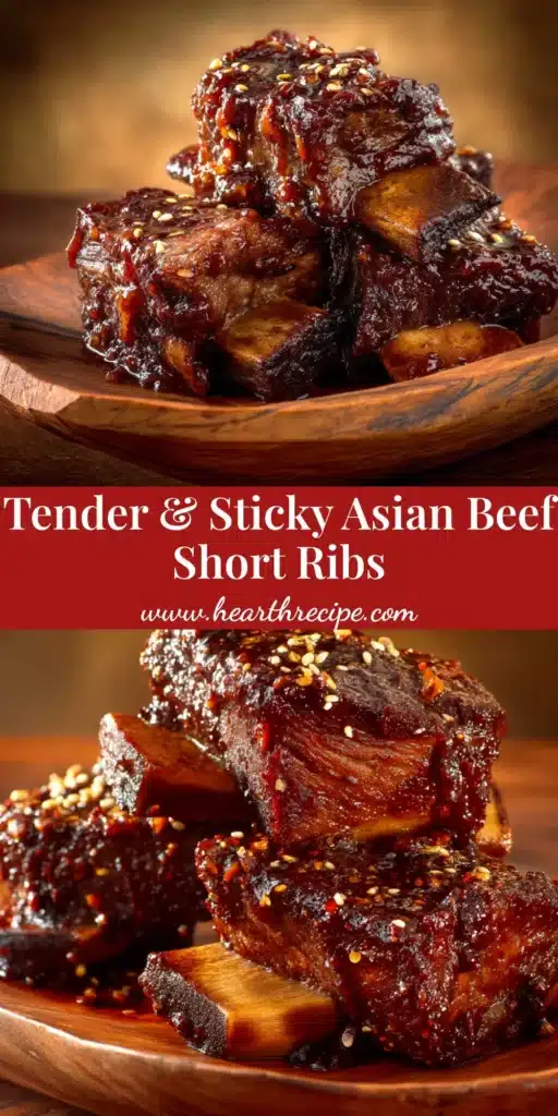A close-up of tender, sticky Asian Beef Short Ribs in a dark, glossy glaze, garnished with sliced green onions and sesame seeds, presented in a rustic bowl.