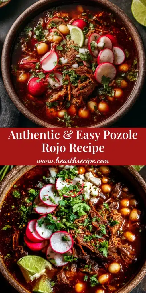 A beautiful overhead shot of a bowl of authentic Pozole Recipe, showcasing the rich red broth, tender pork, and vibrant garnishes like radish and lime.