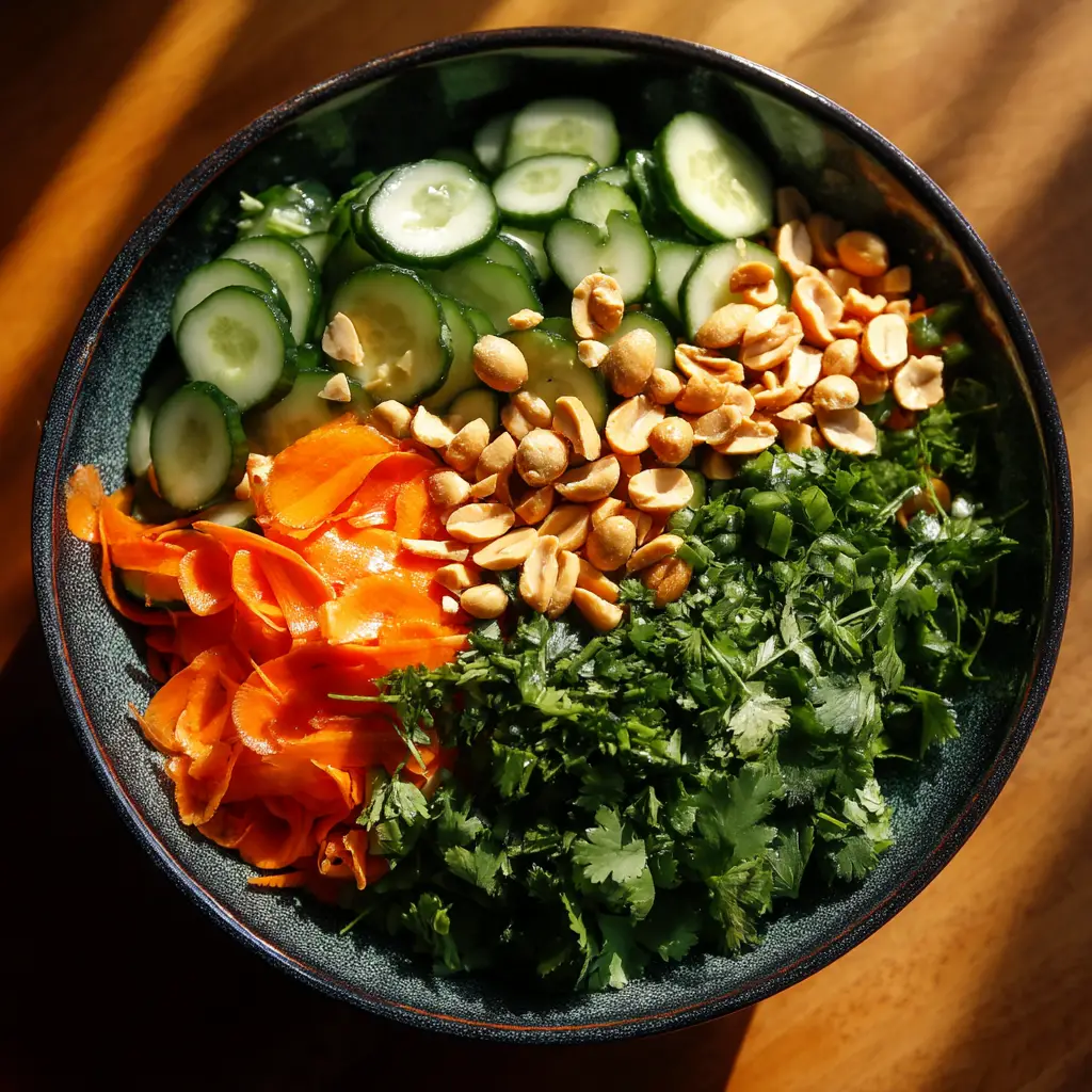 A bowl of authentic Thai cucumber salad being tossed with a flavorful sweet and sour dressing.