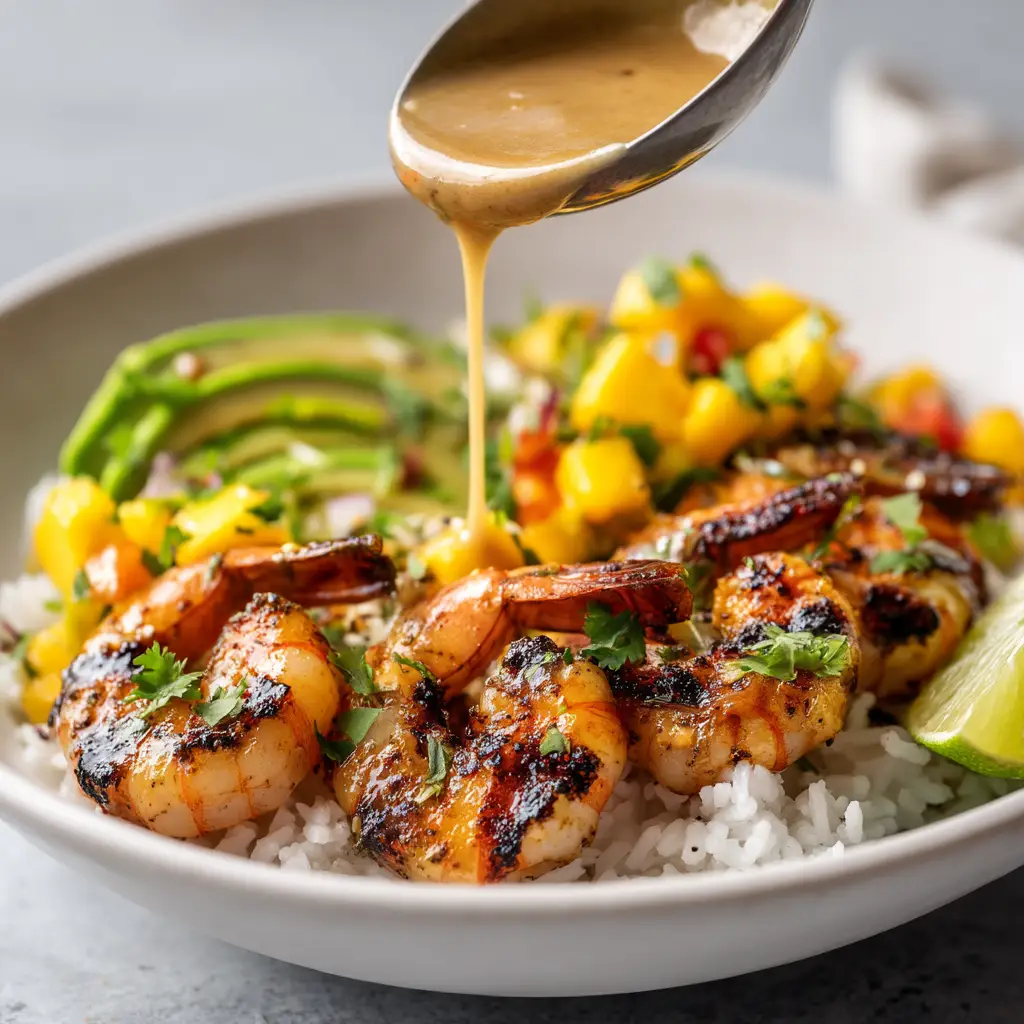 A side view of the assembled shrimp and avocado bowl, showing the layers of quinoa, shrimp, and fresh vegetables.