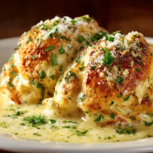 A close-up of two perfectly baked chicken crescent roll bundles, showing the flaky, golden-brown crust and a sprinkle of parsley.