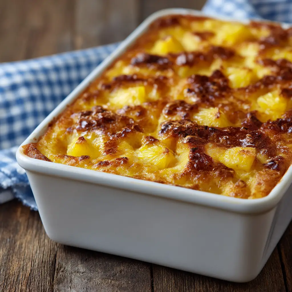 A slice of baked pineapple recipe served on a plate, showing the golden-brown topping and the sweet pineapple filling inside.