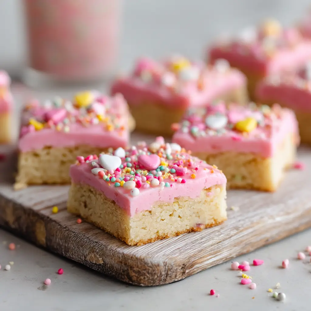 A 9x13 pan of freshly baked sugar cookie bars, cooled and ready to be frosted with pink buttercream.