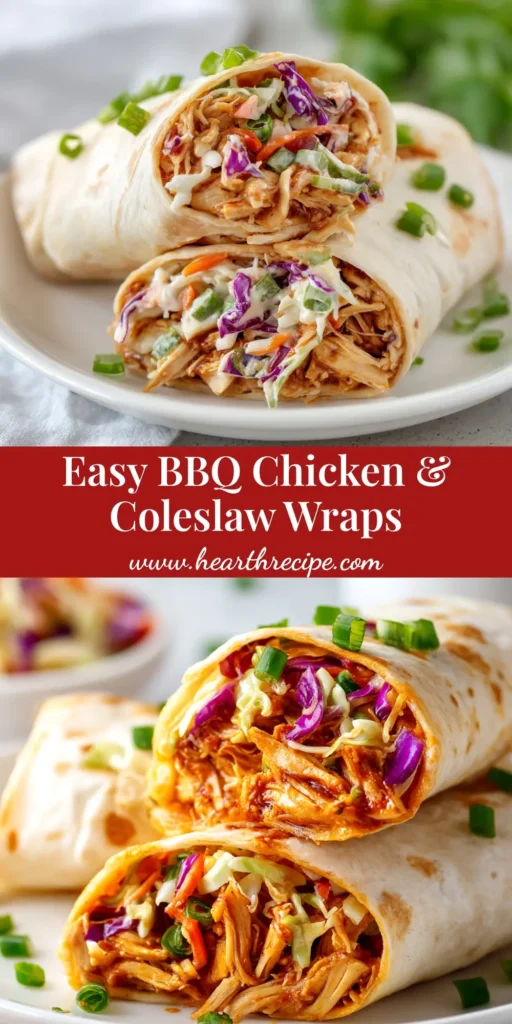 A delicious and easy recipe for BBQ Chicken Coleslaw Wraps, perfect for a quick weeknight dinner. The wraps are cut in half and stacked to show the colorful filling.