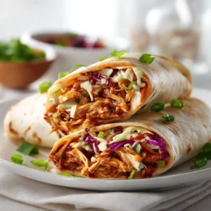 A close-up, eye-level shot of two barbecue chicken wraps filled with creamy coleslaw. The focus is on the texture of the shredded chicken and crisp slaw.
