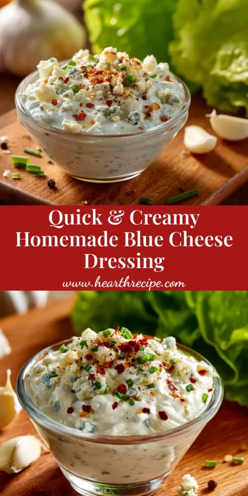 An overhead shot of a glass jar filled with creamy, homemade blue cheese dressing, with a text overlay for this Blue Cheese Dressing Recipe.