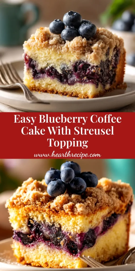 A delicious slice of homemade blueberry coffee cake with a thick cinnamon streusel topping, served on a white plate.